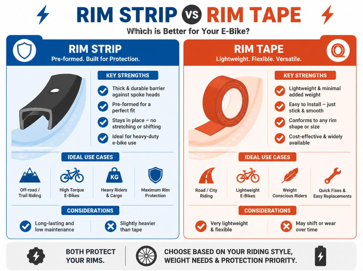 Comparison infographic: Rim Strip vs Rim Tape: Which Is Best for E-Bike Tubeless Conversions?