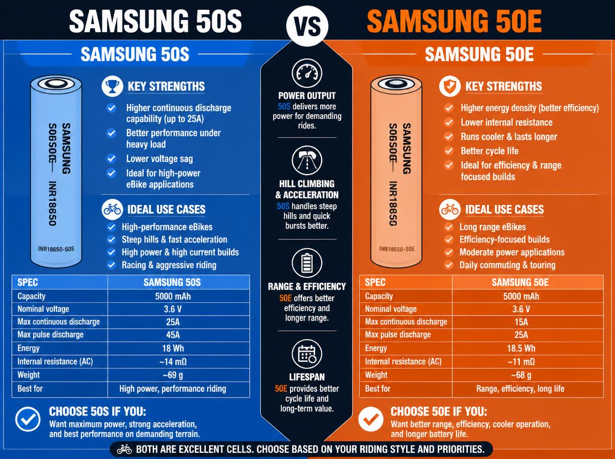 Comparison infographic: Samsung 50S vs 50E: Which 21700 Cell is Best for Your E-Bike?